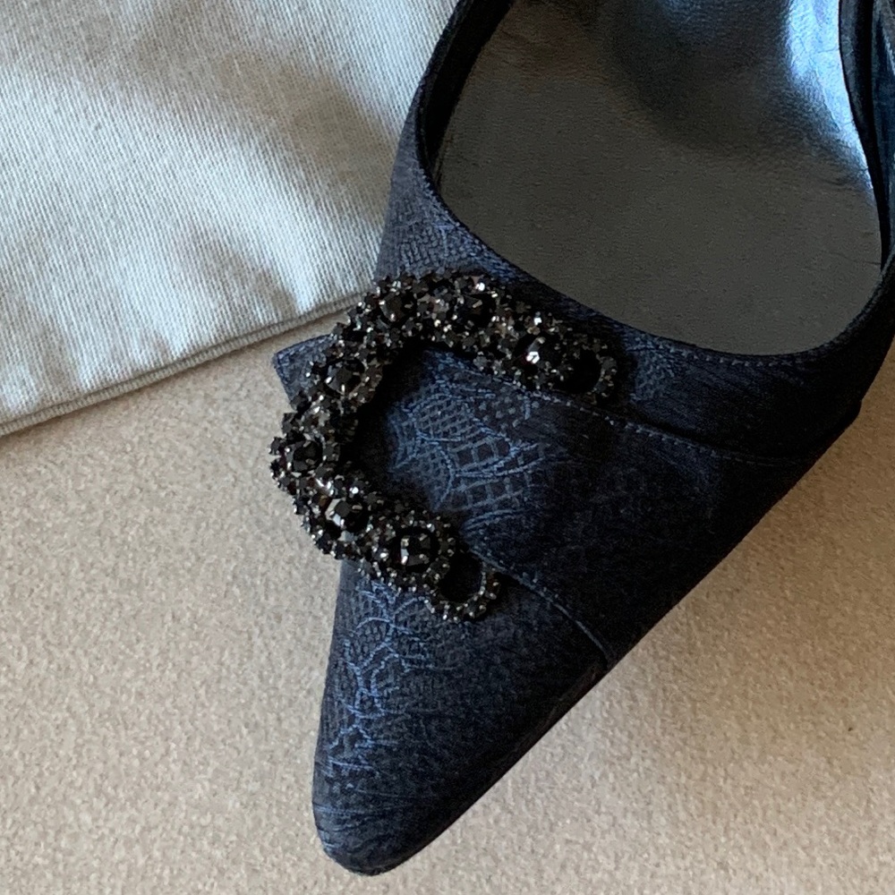 Manolo Blahnik Black and Blue Jeweled Sling Back Size 7